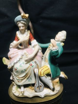 Antique Victorian Porcelain Figurine Lamp Courting Couple Brass Bisque Painted