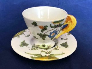 Good Antique Italian Cantagalli Majolica Hand Painted Cup And Saucer.