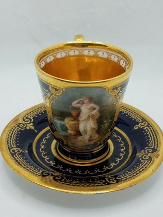 Antique Royal Vienna Cobalt Gold Hand Painted Artist Signed.  Cup &saucer Set