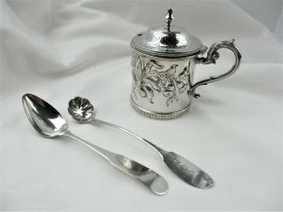 Antique,  Boston,  Mass Repousse Coin Silver Mustard Pot,  2 Spoons,  Mid 19th C.