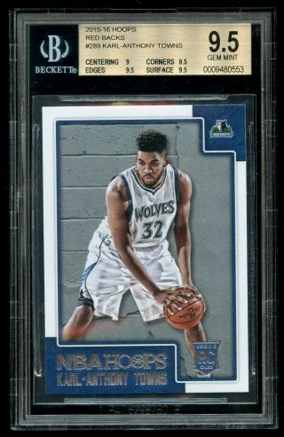 2015 - 16 Nba Hoops Karl Anthony Towns 289 Red Backs Rookie Card Rc Bgs 9.  5