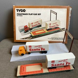 Vtg Tyco Ho Santa Fe Piggyback Flat Car Trailers Dock Depot 348 W/box Train Rr