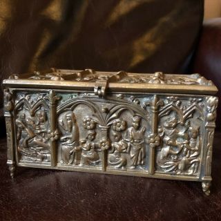 Antique French Gothic Style Bronze Casket Box Christ Story