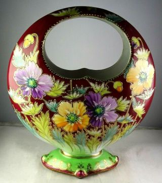 Nippon Antique Porcelain Moon Basket Vase Multicolored Floral W/gold Trim