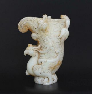 20cm Old Antique Chinese White Jade Statue Pot Cup With Rosefinch