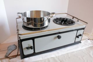 Antique Sterno Speed Stove Porcelain & Brass Burns Sterno Fuel Canisters C.  1925
