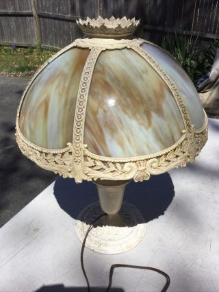 Antique Table Lamp With Bent Slag Glass Panel Shade B&h E Miller Handel Era