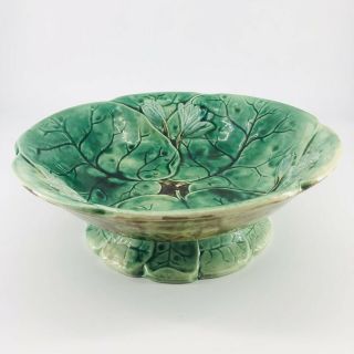 Antique Majolica Pottery Green Water Lily Lotus Flower Footed Console Bowl