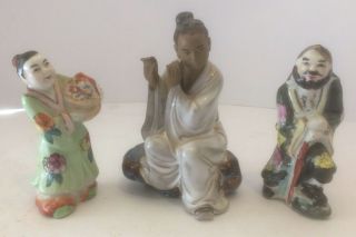 Vintage Chinese Mudman Figure Playing Flute And 2 Small Male/female Figurines