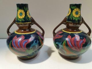 Pair Antique Foley Intarsio 3561 Twin Handled Vases.  Wileman & Co.  1 A/f