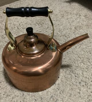 Antique Copper Tea Pot Kettle With Lid And Wood Handle
