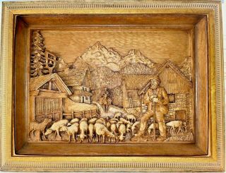 Rare Antique Black Forest Hand Carved Wood Diorama Relief Shepherd And Flock