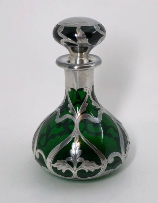 Antique 19thc Gorham Sterling Silver D953 Overlay Green Glass Perfume Bottle