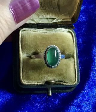 Antique Art Deco Real Solid Silver & Green Agate Set Single Stone Ring