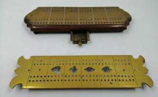 X2 Antique Vintage Brass/wood Cribbage Boards W Slide Out Peg Drawer - Tarnished