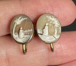 Antique Gold Filled ? Hand Carved Cameo Screw Back Earrings 3/4 " M09