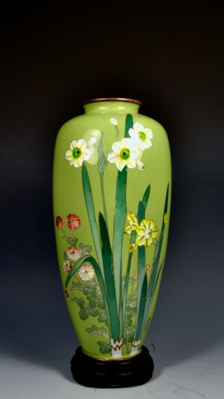 Fine Silver Wire Antique Japanese Meiji Cloisonne Vase W/ Narcissus