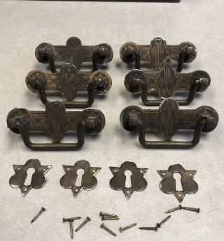 (6) Vintage Brass Drawer Pulls Handles With Attachments