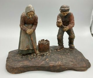 A Antique Old Wooden Painted Carving Of Peasants By R Ellbo 1916 - Poss.  Wwi?