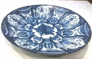 Antique 18th Century Delft Blue & White Charger In Tulip Pattern 12 " X 2 1/2 "