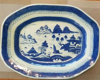 Antique Chinese Export Blue & White Canton Platter 19th C.  13 1/4 " X 10 1/4”