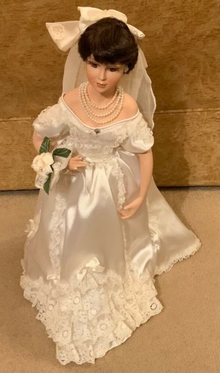 Lovely Vintage Porcelain Doll In Bridal Dress Outfit On Stand 19”