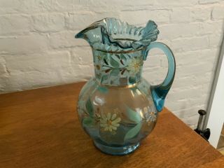 Large Vintage Antique Hand Painted Blue Glass Pouring Pitcher Ruffled Rim