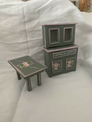 Dolls House Kitchen Dresser And Table In Lovly With Hand Painted Des