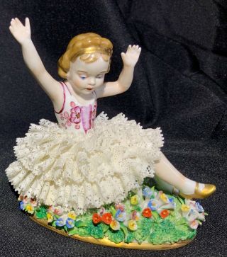 Antique Sitzendorf Dresden Lace Porcelain Figurine Girl Flowers
