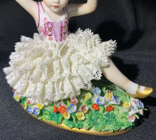 Antique Sitzendorf Dresden Lace Porcelain Figurine Girl Flowers 2