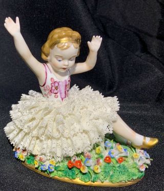 Antique Sitzendorf Dresden Lace Porcelain Figurine Girl Flowers 3