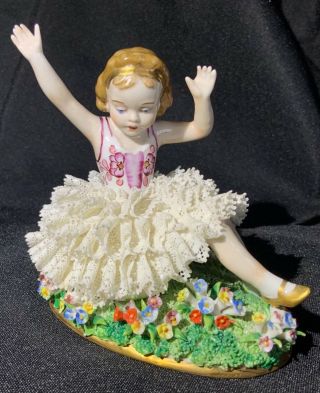 Antique Sitzendorf Dresden Lace Porcelain Figurine Girl Flowers 5