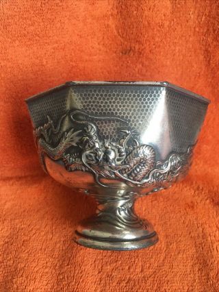 Antique Japanese Meiji Dragon Bowl - Silver On Copper/bronze