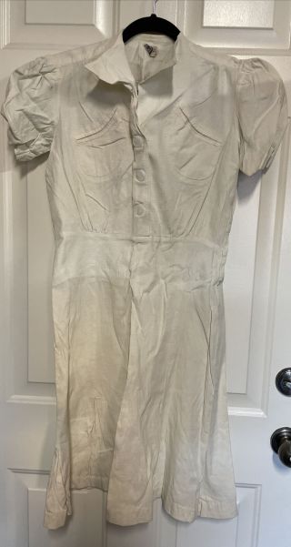 S Vintage 30s White Cotton Day Dress Button Up Summer 1930s