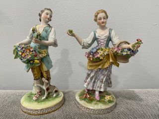 Vintage Antique Carl Thieme Dresden Porcelain Pair Figurines Man Woman W Flowers