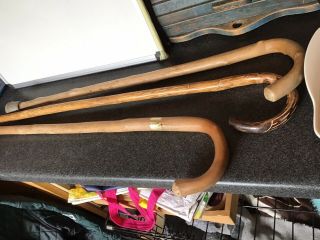 3 X Vintage Walking Sticks - Wood Curved Handles