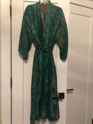 Vintage Chinese Robe Plum Blossoms Green Silk Floral Full Length