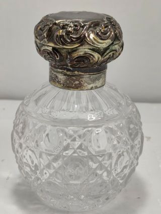 Antique Edwardian Large Silver Cut Glass Crystal Perfume Bottle.  Very Unique.