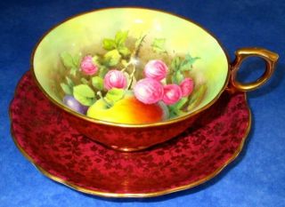 Hammersley & Co Antique Burgundy Red Gold Chintz Orchard Fruit Artist Signed Cup 3