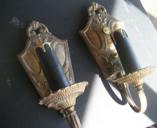 Pair Antique Brass1920s - 30s Electric Candle Sconces,  Orig.  Polychrome,  Wire