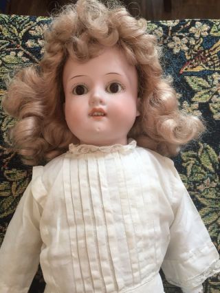 Antique 24” Armand Marseille German Bisque Headed Doll W/ Leather Body & Teeth