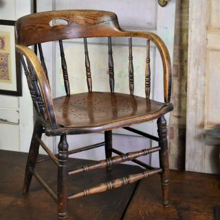 Antique Oak Captains Office Chair Smokers Bow Open Armchair Punched Seat 2
