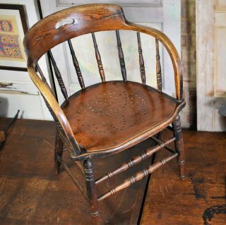 Antique Oak Captains Office Chair Smokers Bow Open Armchair Punched Seat 3