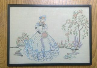 Vintage Embroidery Crinoline Lady In Garden Scene Framed