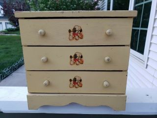 Vtg Paint Yellow&decals 3 Drawer Doll Dresser/chest Of Drawers/jewelry Multi Use