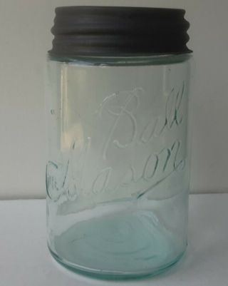 Antique Light Aqua Blue The Ball Mason Pint Canning Fruit Jar With Zinc Lid