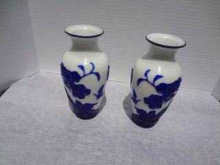 Peking Glass Overlay Carved Cameo Glass White Vases With Blue Cobalt Flowers