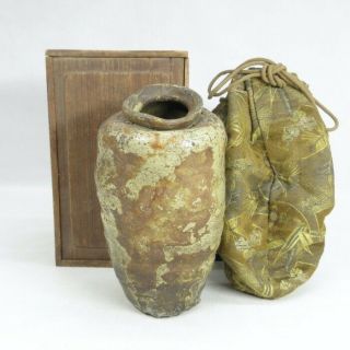 D0723 Japanese Old Iga Stoneware Flower Vase With Wonderful Taste,  Shifuku,  Box