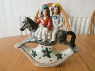 Antique Staffordshire Flatback Figure Of Children On The Back Of A Rocikng Horse
