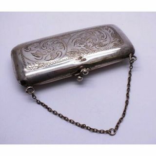 Antique Epns Ladies Purse With Chain And Blue Lined Interior